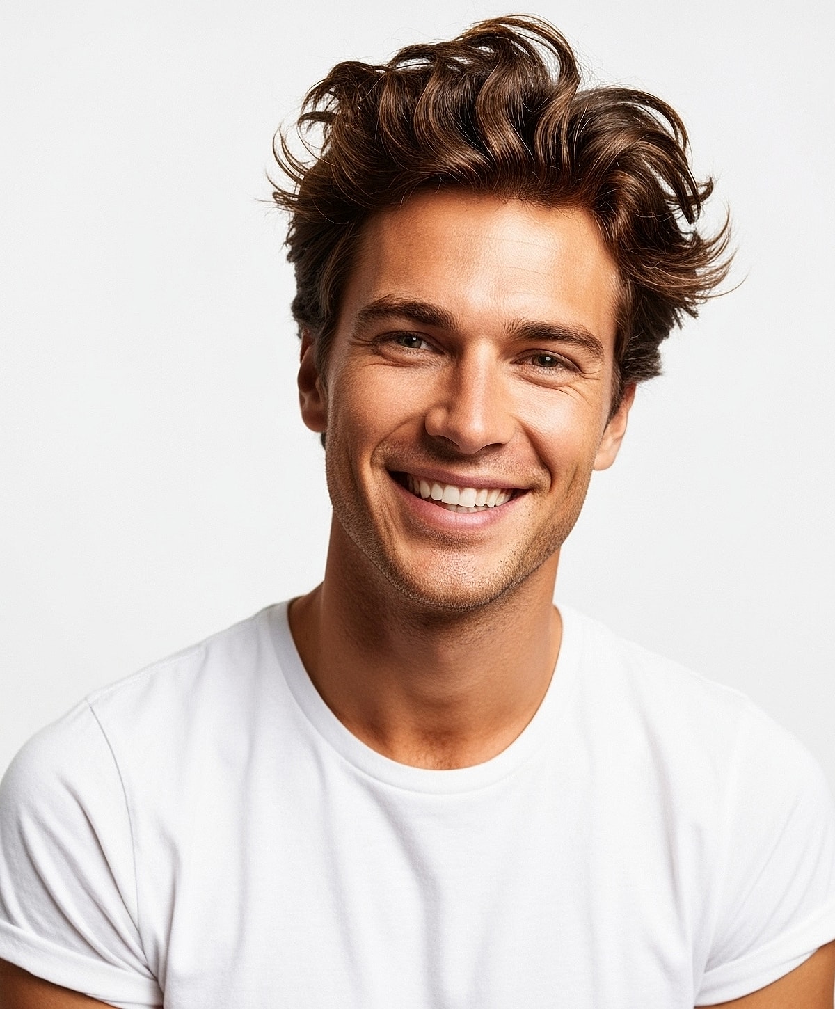 Smiling man with stylish hair and white shirt.